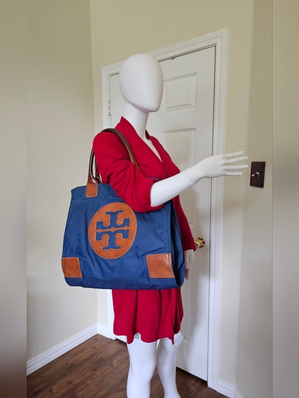 Tory Burch Blue Nylon Tote with Brown Leather Trim and Logo